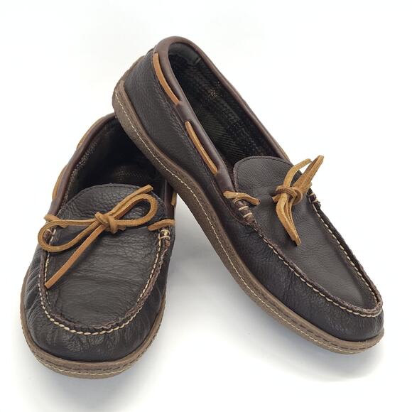 LL Bean Mens Double Sole Slippers 10M Brown Leather Flannel Moccasins Loafers - Picture 5 of 8